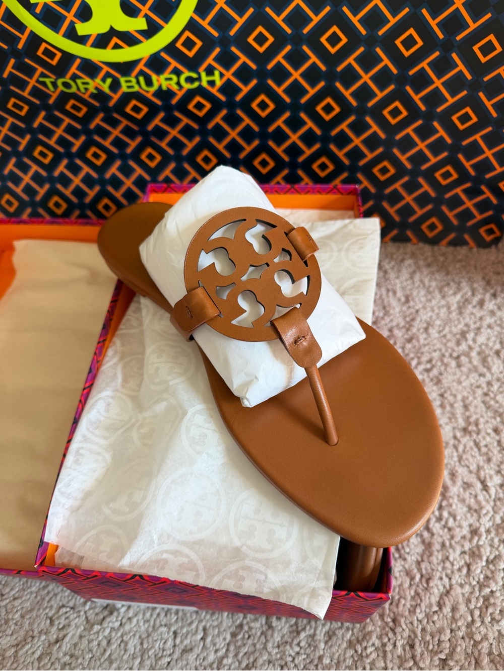Tory Burch Miller Soft Leather Sandals Bourbon Miele Size 12 Brown Tan